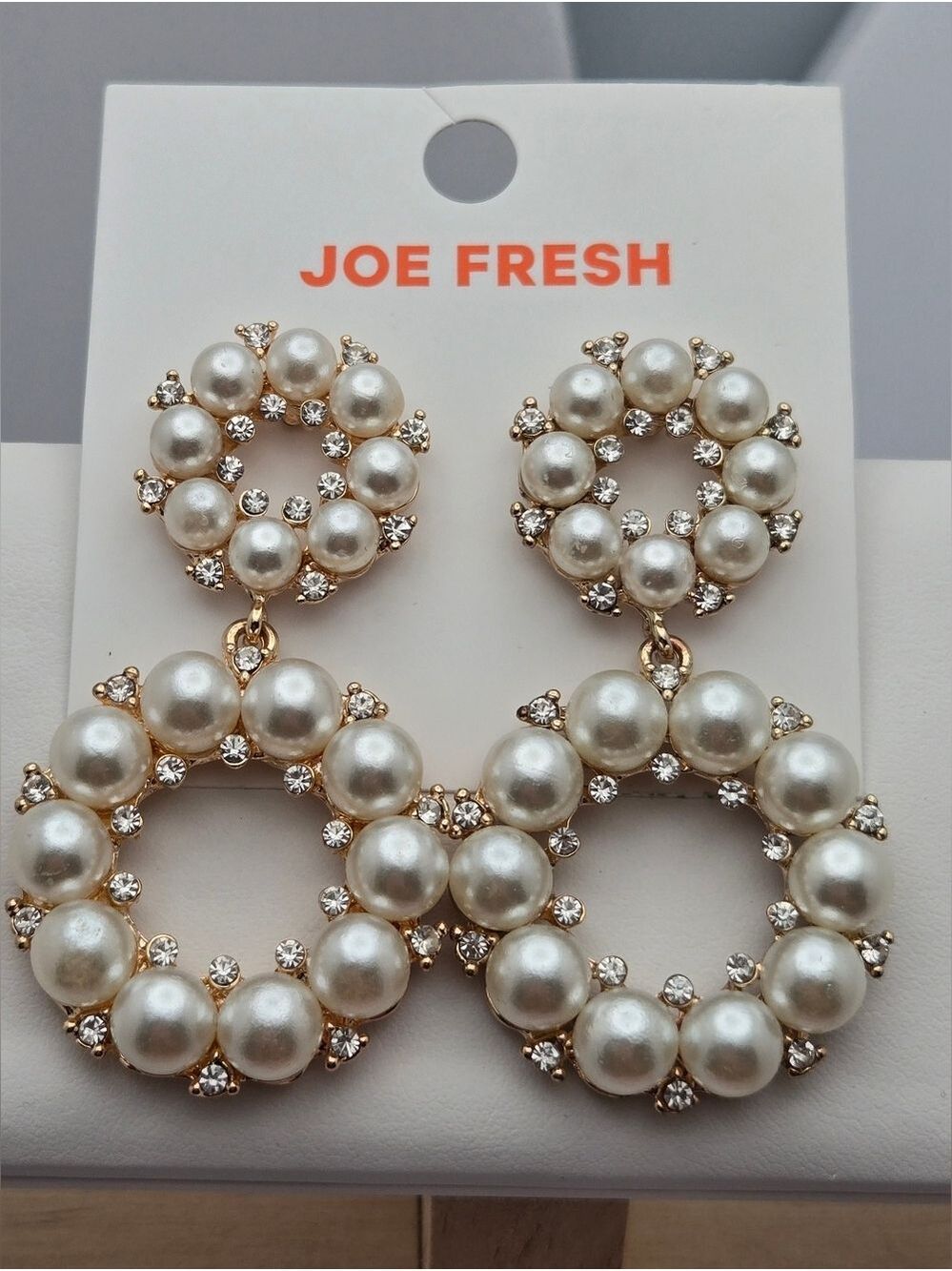✨2/$10✨ Double Circle Pearl Rhinestone Earrings Gold Tone 2.75" Bride Joe Fresh - Picture 4 of 7